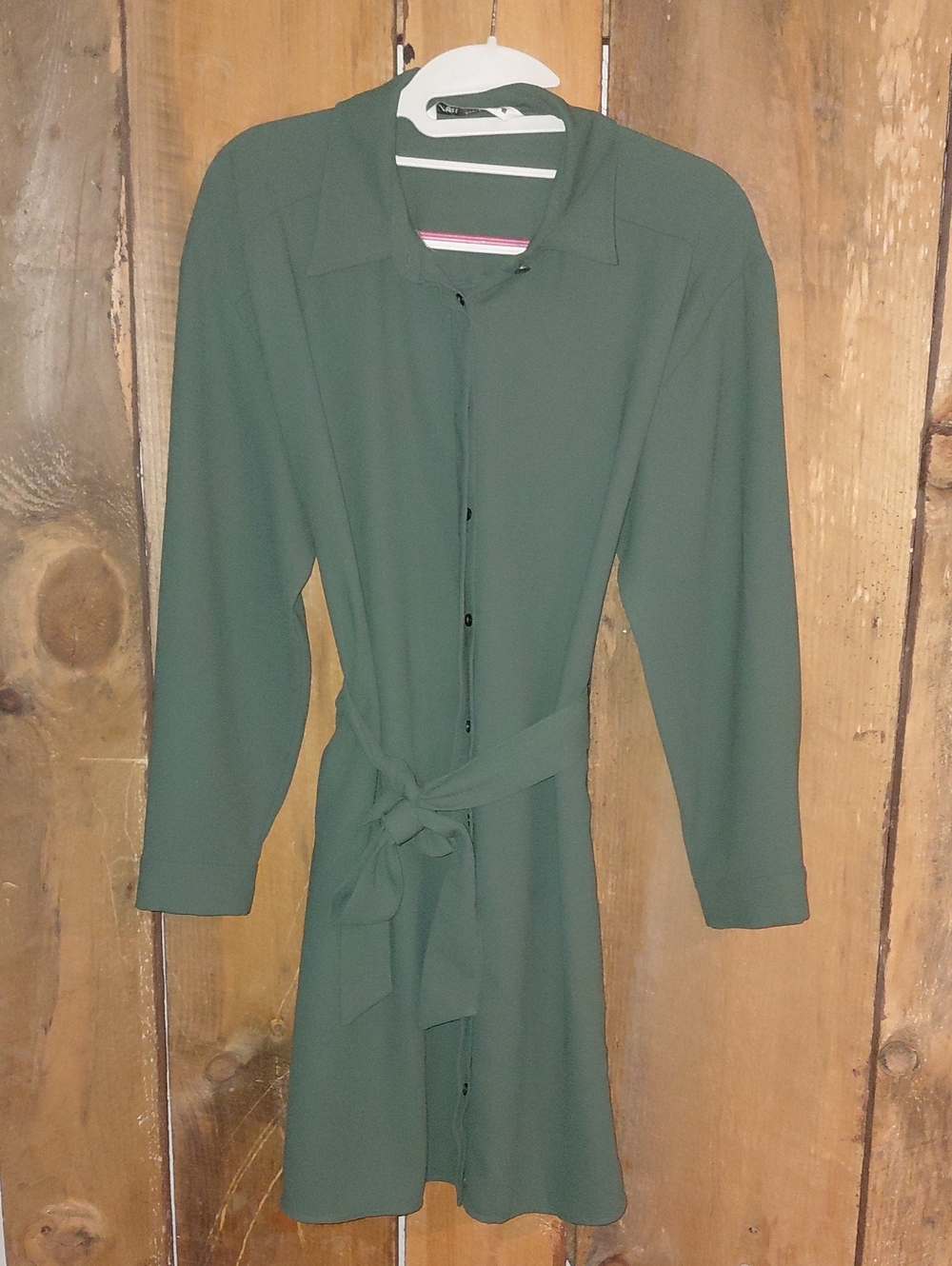 Zara Olive Green Long Sleeve Shirt Dress with Tie Waist